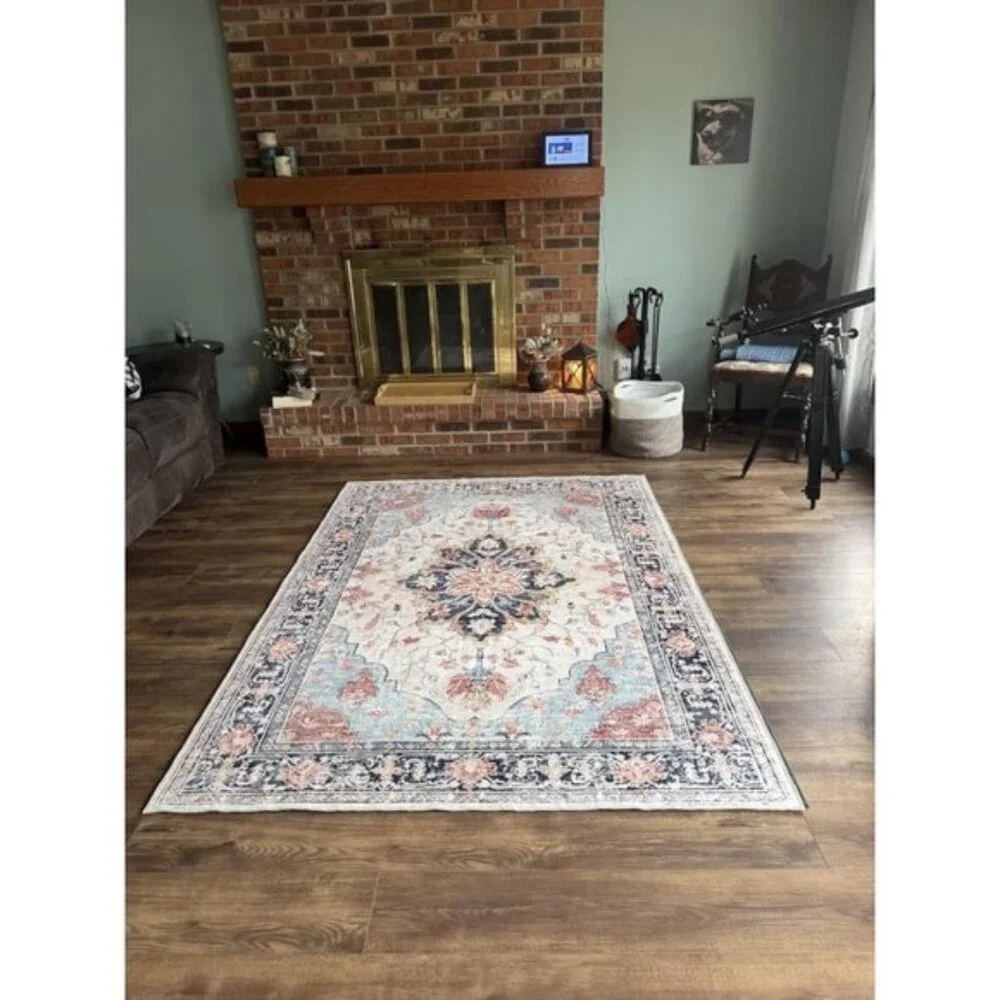 New 5x7 Washable Non-Slip Floral Vintage Rug Medallion Carpet - Beige Navy